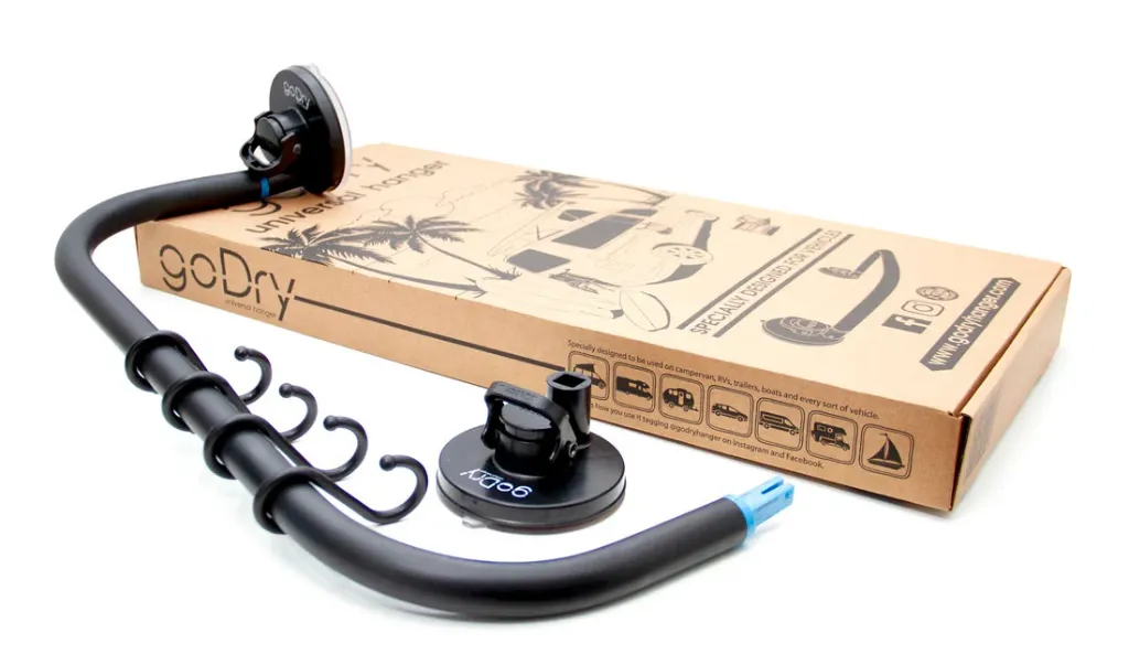 GODRY-HANGER-01 Séchage Godry Hanger - Combinaisons & Vêtements Humides VanlifePhoto-Godry-Bleu-Ventouse-crochets-packaging.webp